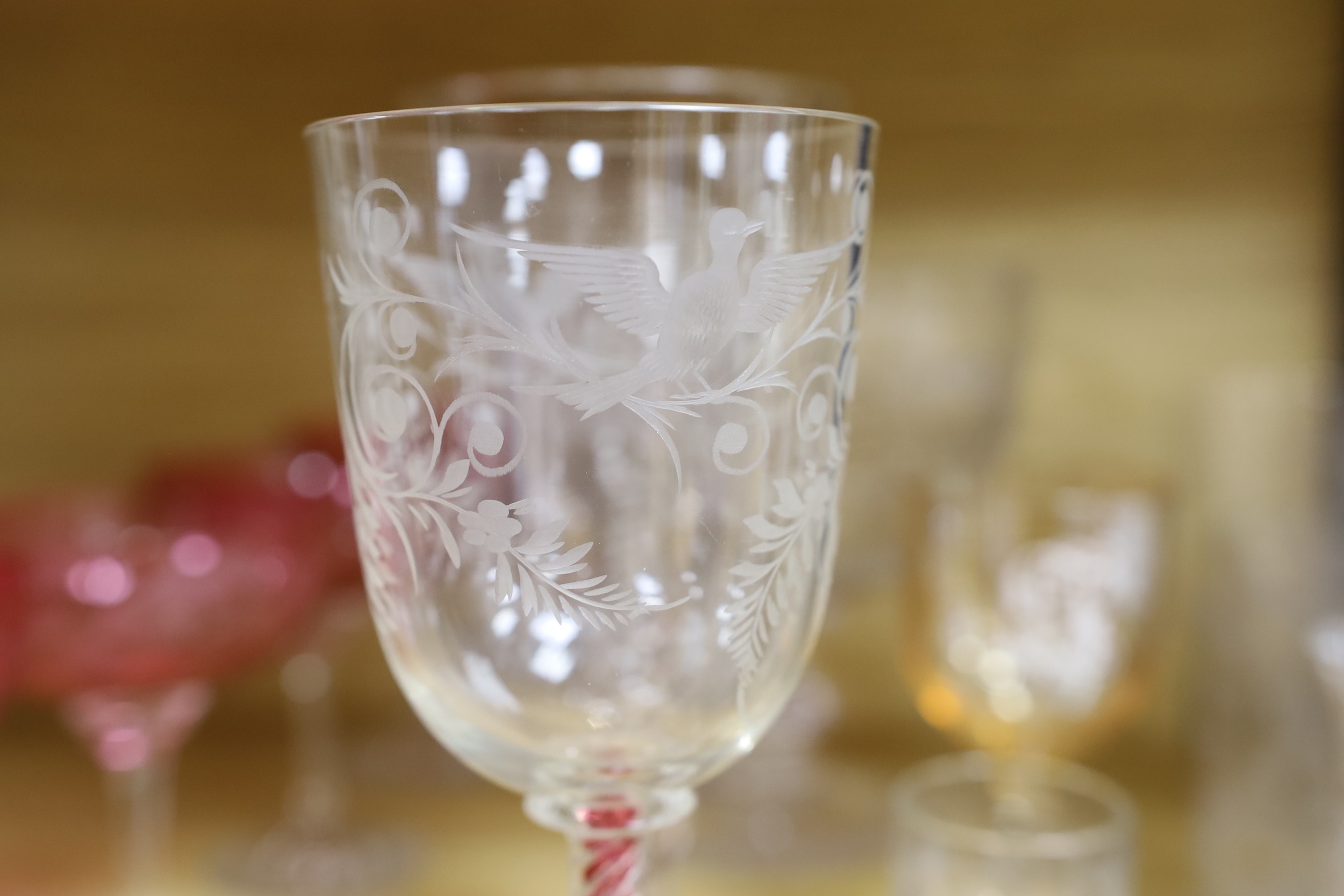 A collection of mostly 19th century engraved glass to include a Masonic dish